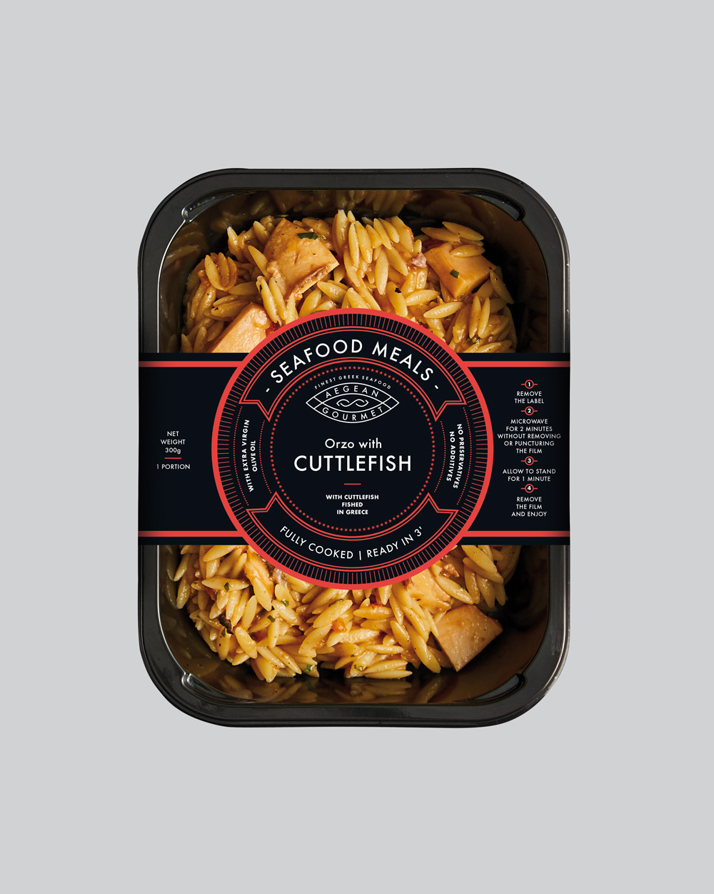 Seafood Meal product into packaging, Orzo with cuttlefish