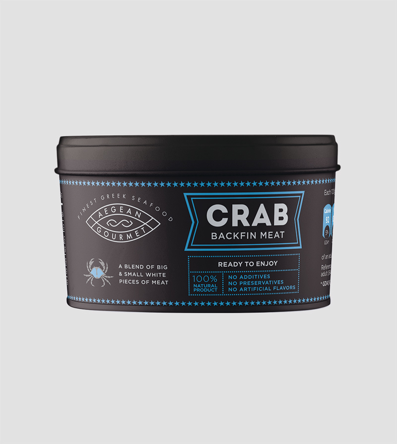 Product Package with blue detail, Large and small pieces of white crab meat