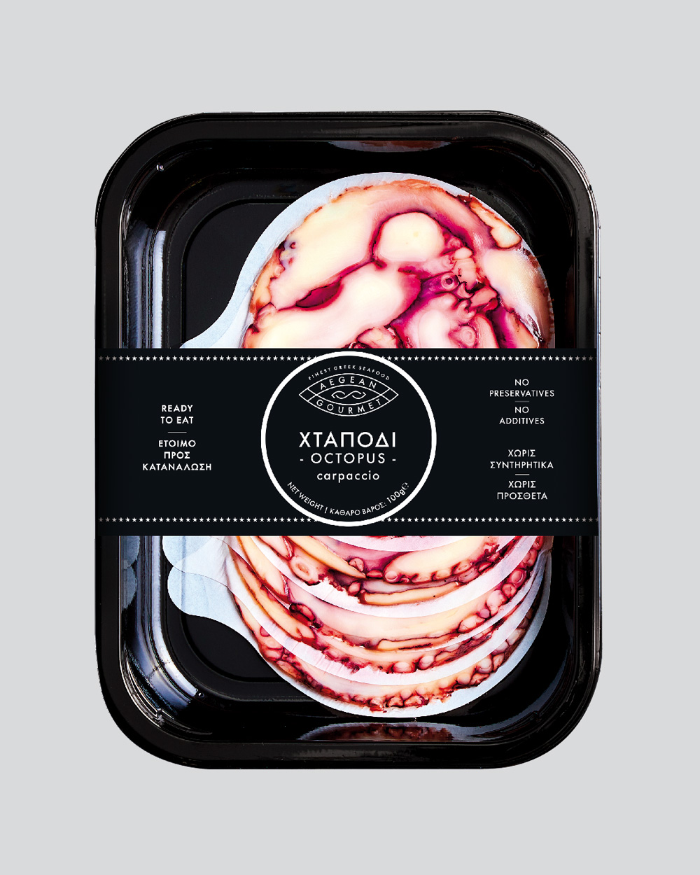 Seafood Meal product into packaging, Octopus Carpaccio