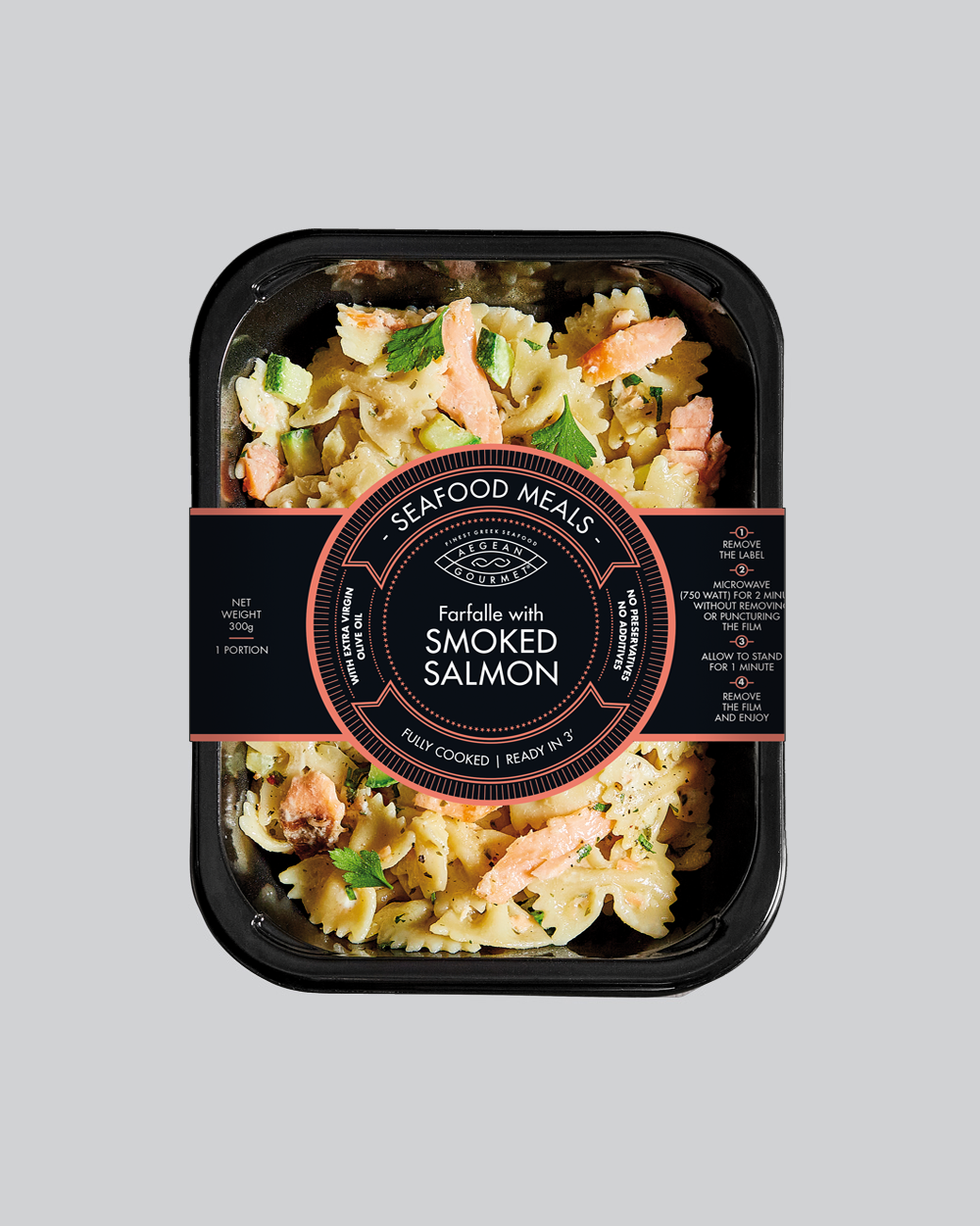 Seafood Meal product into packaging, Farfalle with smoked salmon