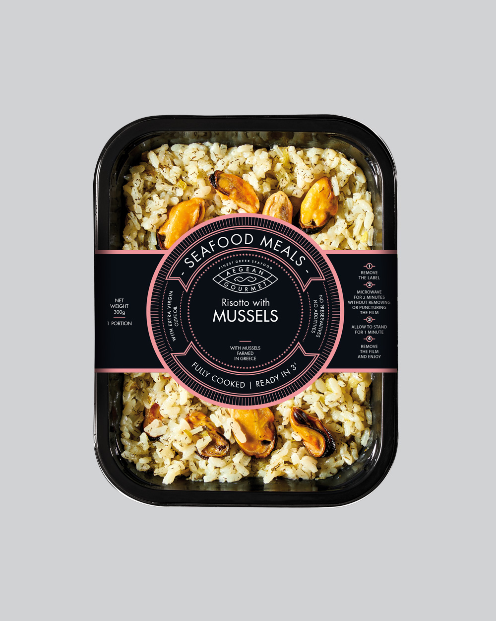 Seafood Meal product into packaging, Risotto with mussels & clams