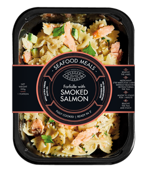 Seafood Meal product into packaging, Farfalle with smoked salmon