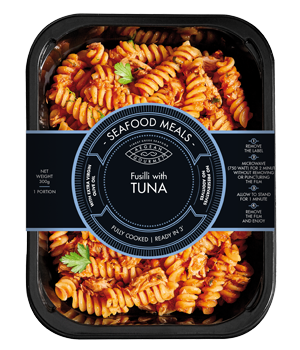 Seafood Meal product into packaging, Fusilli with tuna