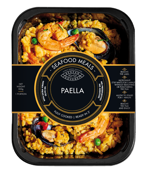 Seafood Meal product into packaging, Paella