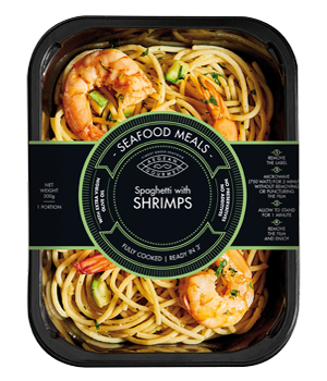 Seafood Meal product into packaging, Spaghetti with shrimps